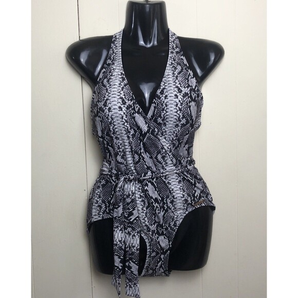 Vince Camuto Women's Snake Print One Piece Swimsuit Size 10 black V Neck Wrap - Picture 2 of 9